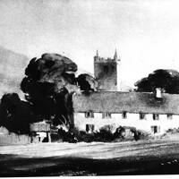 Painting of Manaton church and Ivy Cottages