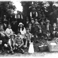 Lustleigh community members taking refreshment during beating the bounds, 1924