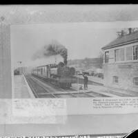 Pannier tank engine and train on Yelverton railway station , with Eric Thomas, the signalman.