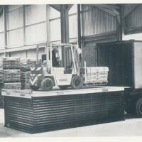 WBB Storage shed, loading palettes of building materials into back of lorry