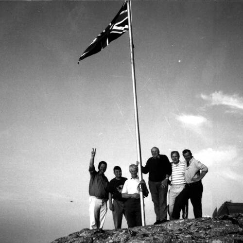 Hosting the Union Flag on Manaton Rocks to celebrate the 50th anniversary of VE day