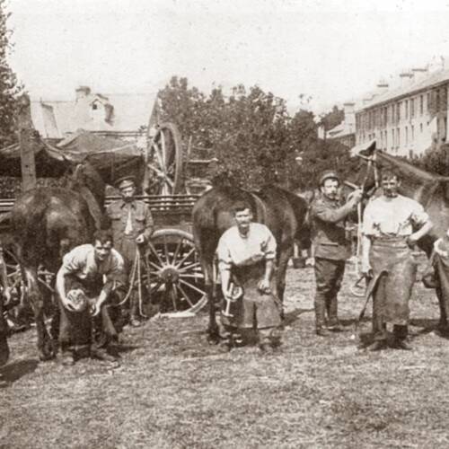 1WW ARMY FARRIERS AT WORK IN PLYMOUTH COLLEGE GROUNDS IN MUTLEY, PLYMOUTH 