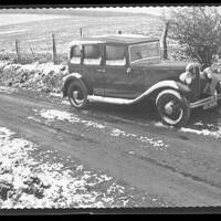 Sydney Taylor's Austin on snowy Soussons common, Easter Sunday 1936.