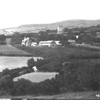 Panorama of Cross Park, Town Barton, the School and Manaton Church