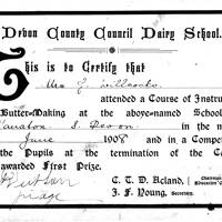 Dairy School certificate, 1908