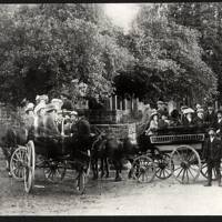 South Tawton Cross Tree & two wagonettes of people on choir outing to Plymouth - about 1908