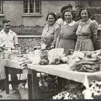 British Legion Women's Section- fund raising stall by market cross, South Zeal 1949