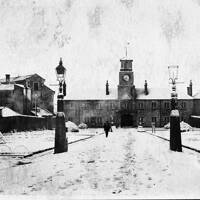 Dartmoor Prison gates in the snow
