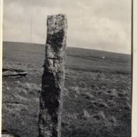 A stone waymarker for the route from Tavistock to Ashburton, with the mast at North Hessary Tor in t