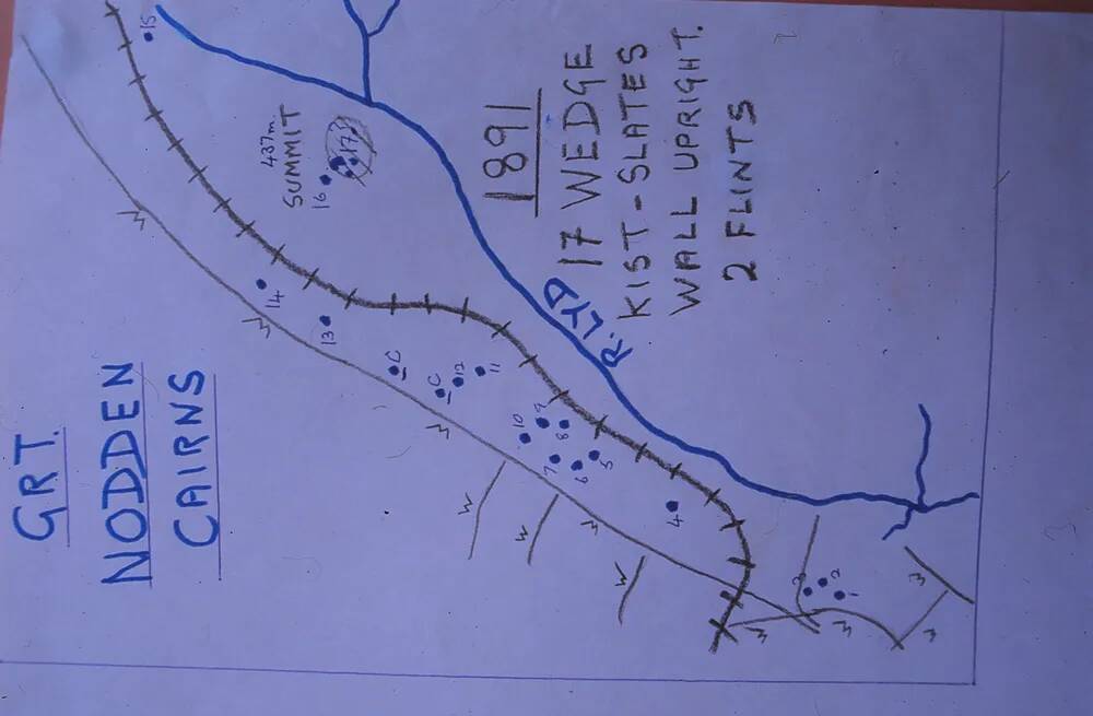 Hand-drawn map of Great Nodden cairns