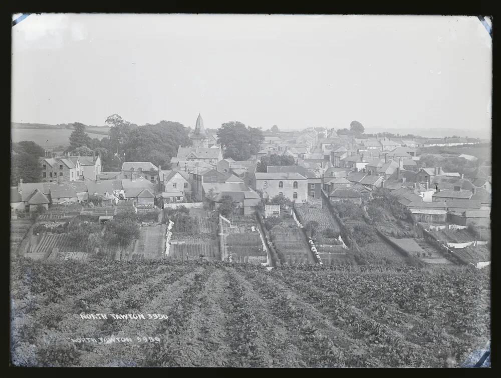 General view (spire on church being rebuilt), Tawton, North