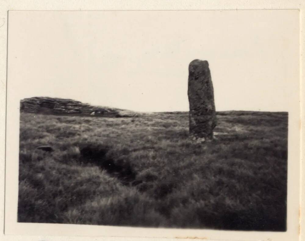 Beardown Man menhir, with Devil's Tor in background