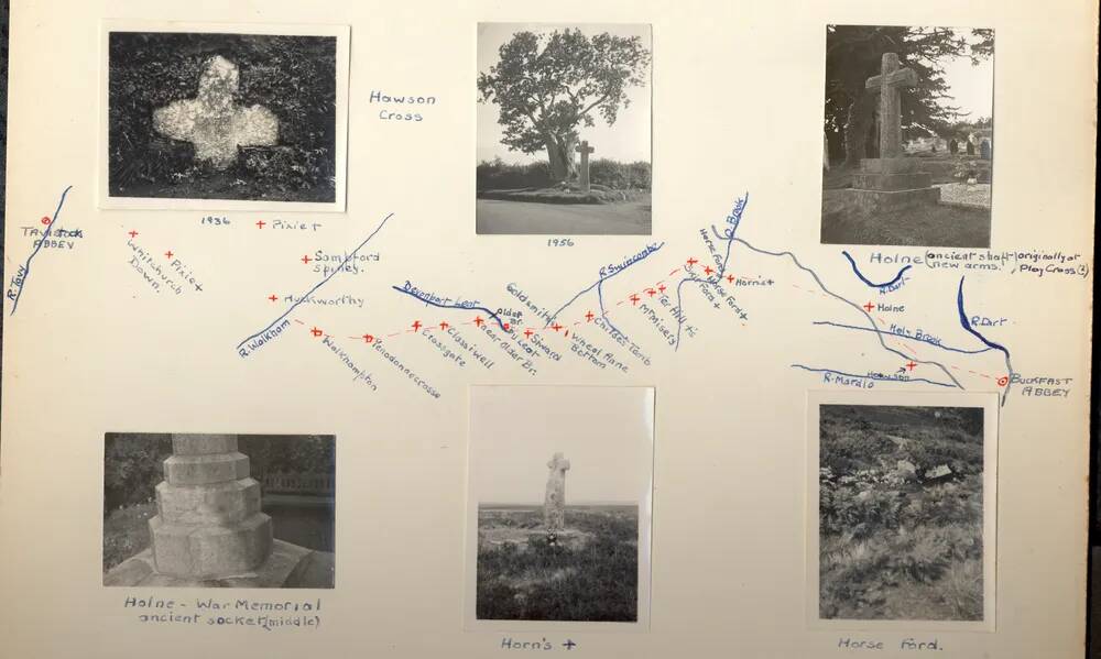 Sketch map of the route between Tavistock Abbey and Buckfast Abbey with photographs of features mark