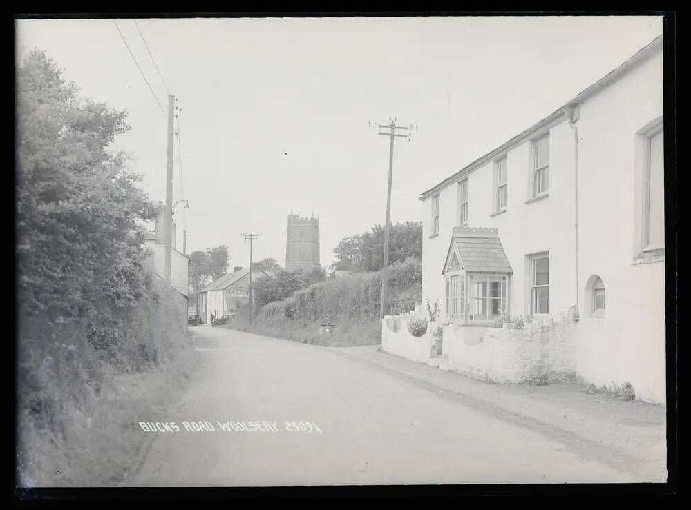 Bucks Road + view of church, Woolfardisworthy, West