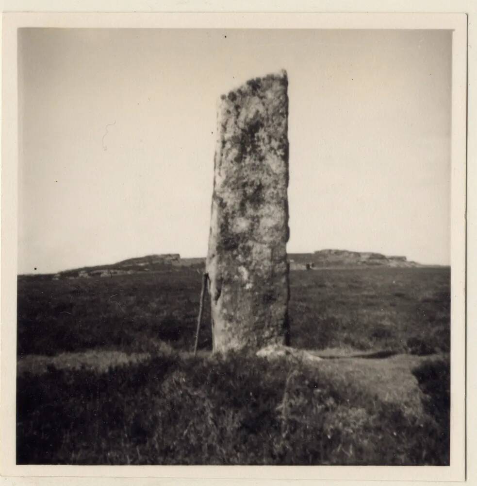 Menhir below Laughter Tor, with Laughter Tor in background