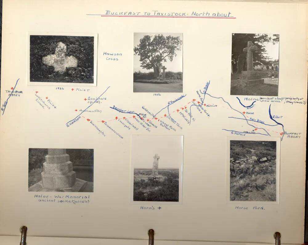 A page from an album on Dartmoor: Photographs and sketch map showing features and their location alo