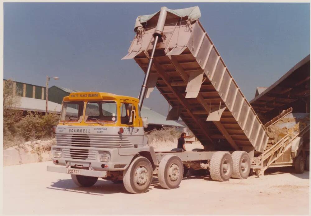 Scammell lorry tipping raw clay product to factory