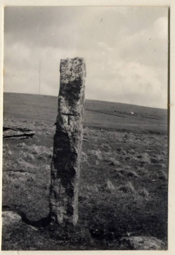 A stone waymarker for the route from Tavistock to Ashburton, with the mast at North Hessary Tor in t