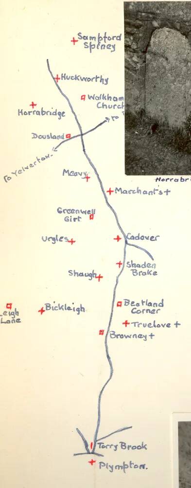 Plan of the location of features from Sampford Spiney to Plympton